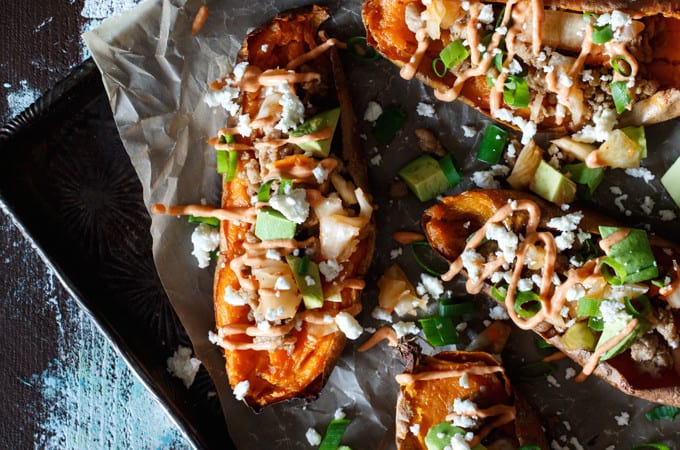 Korean Pork + Kimchi Sweet Potato Skins | sharedappetite.com