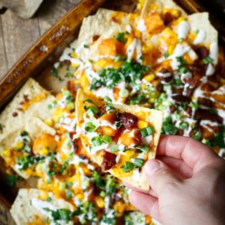 Honey BBQ Chicken Nachos with Bacon, Scallions, Corn, and Ranch Dressing | sharedappetite.com