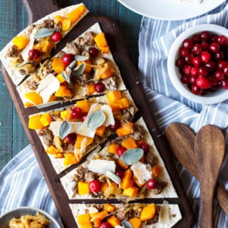 Butternut Squash and Lamb Pizza with Cider Caramelized Onions, Pickled Cranberries, Sage, and Parm | sharedappetite.com