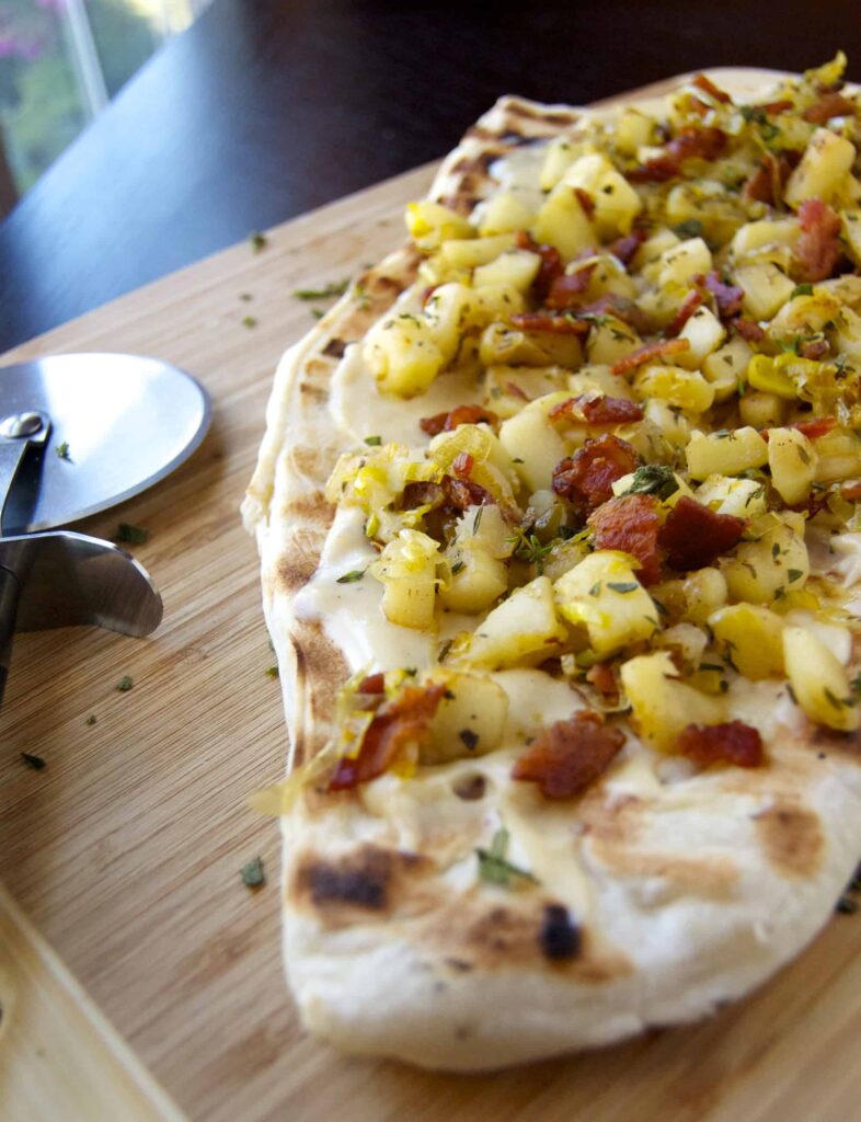 Grilled Flatbread with Apples, Bacon, and Leeks