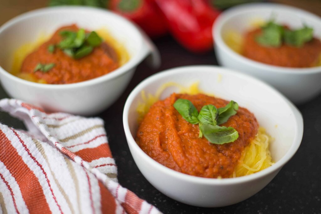 Roasted Spaghetti Squash with Red Pepper - Tomato Sauce