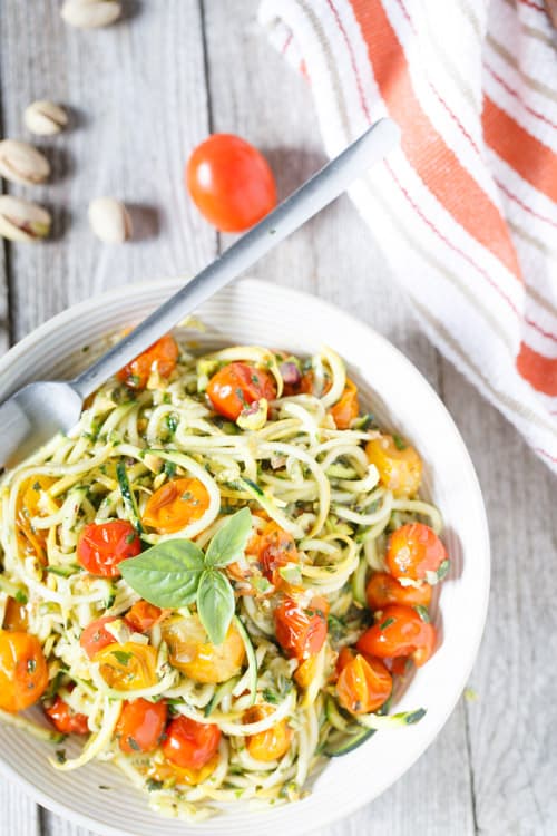 Raw Zucchini and Squash Spaghetti with Pistachio Pesto