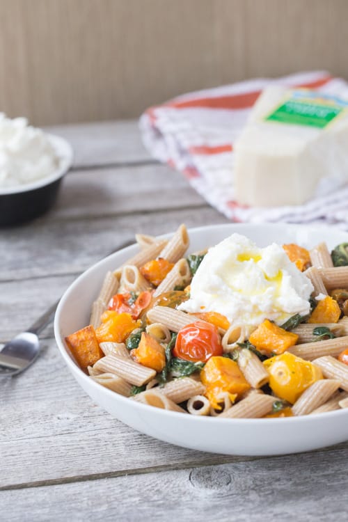 Pasta with Roasted Butternut Squash, Greens, and Ricotta