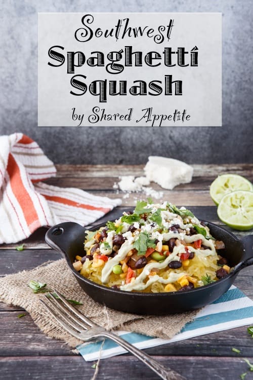 southwestern style spaghetti squash bowl with avocado crema