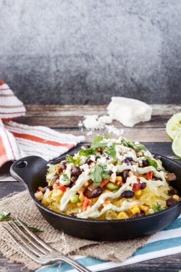 southwestern style spaghetti squash bowl with avocado crema