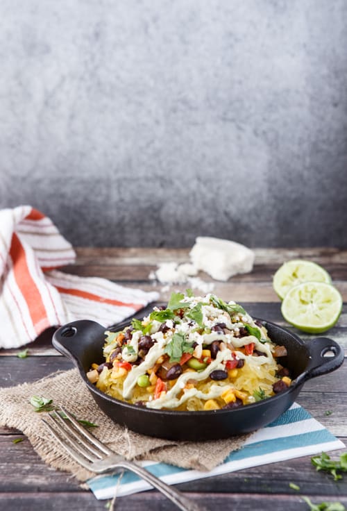 southwestern style spaghetti squash bowl with avocado crema