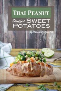 Sweet potatoes stuffed with broccoli, edamame, and thai peanut sauce