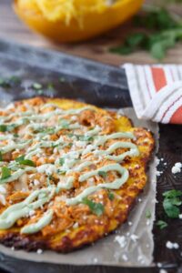 skinny buffalo chicken pizza with spaghetti squash pizza crust