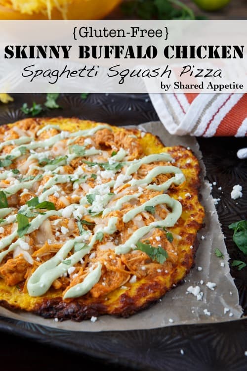 skinny buffalo chicken pizza with spaghetti squash pizza crust