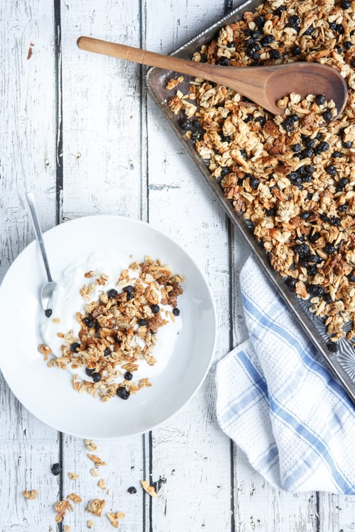 gluten-free blueberry almond granola with chia seeds