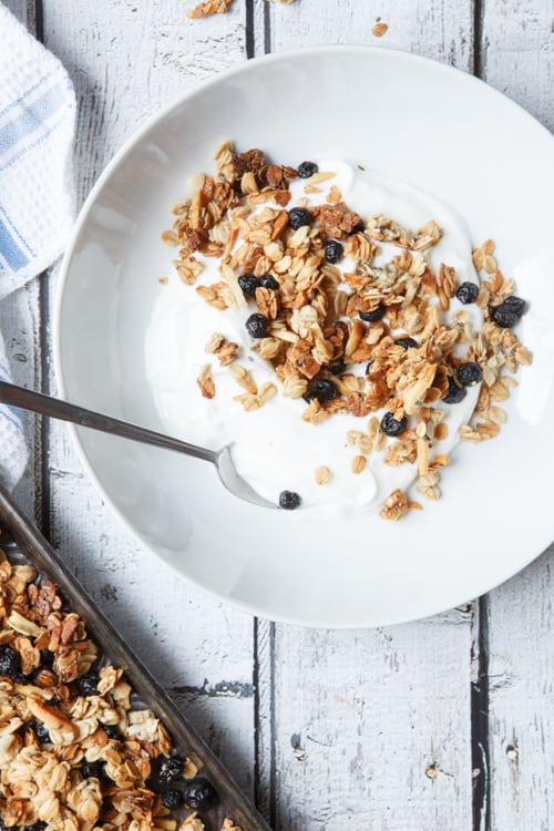 gluten-free blueberry almond granola with chia seeds