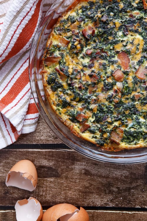 Gluten-Free Spinach and Bacon Quiche with a Crust made from Hashbrowns