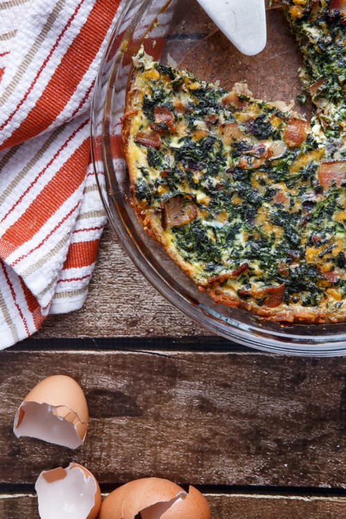 Gluten-Free Spinach and Bacon Quiche with a Crust made from Hashbrowns