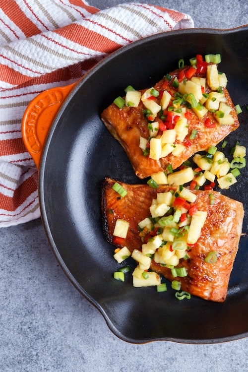 pineapple teriyaki salmon with pineapple habanero salsa