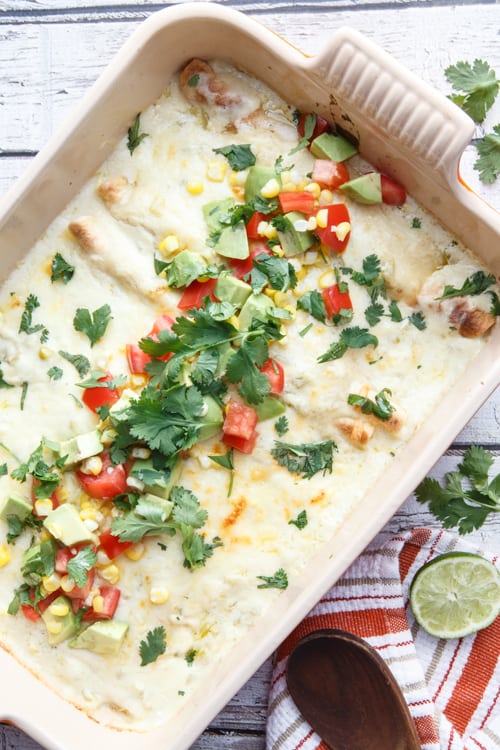 Buffalo Chicken Enchiladas with Green Chile Sour Cream Sauce 