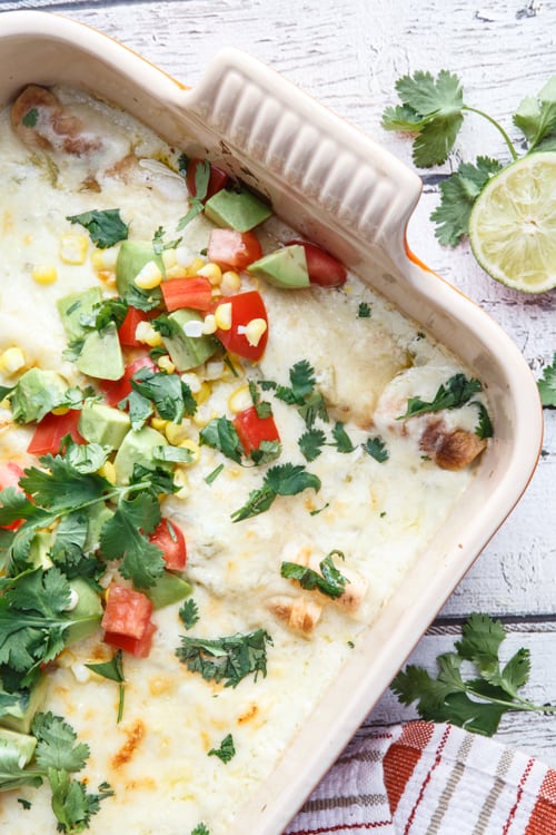 Buffalo Chicken Enchiladas with Green Chile Sour Cream Sauce 