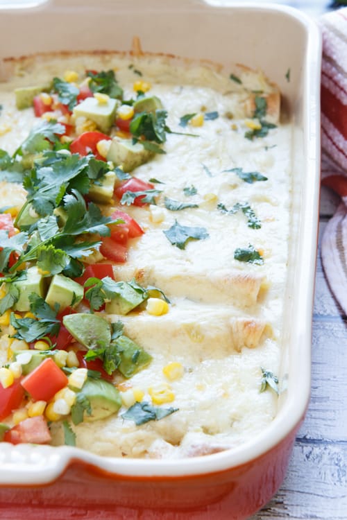 Buffalo Chicken Enchiladas with Green Chile Sour Cream Sauce 