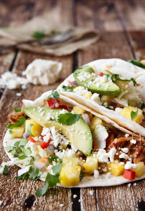 hawaiian luau pulled pork tacos with pineapple habanero salsa