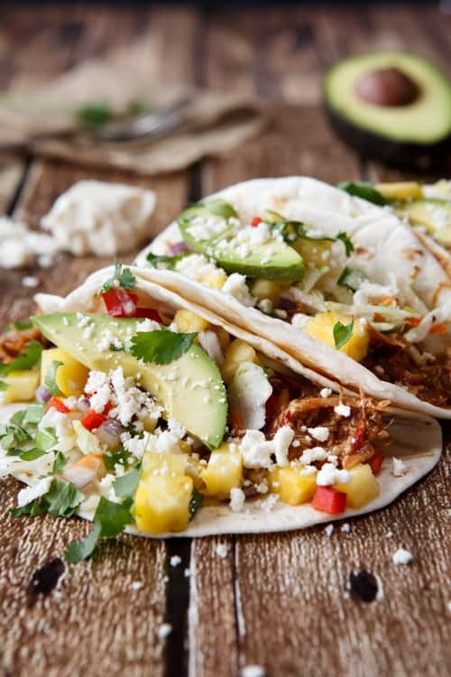 hawaiian luau pulled pork tacos with pineapple habanero salsa