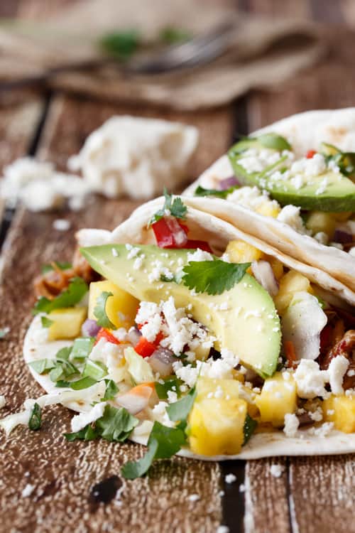 hawaiian luau pulled pork tacos with pineapple habanero salsa