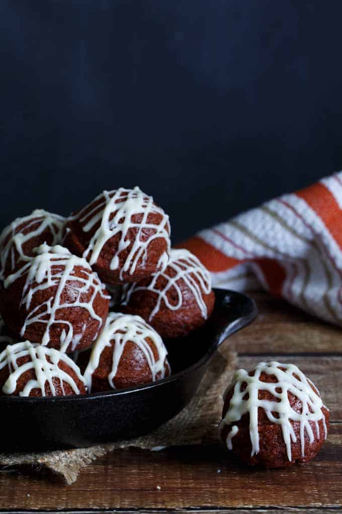 Baked Red Velvet Donut Holes with Cream Cheese Glaze