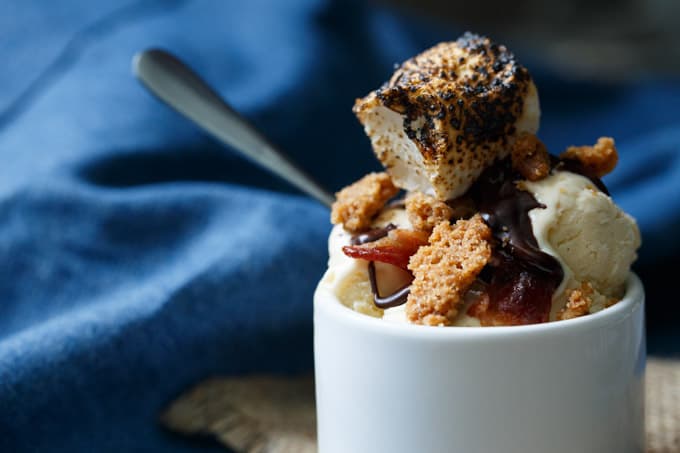 ultimate smores sundae homemade toasted marshmallow ice cream and candied bacon