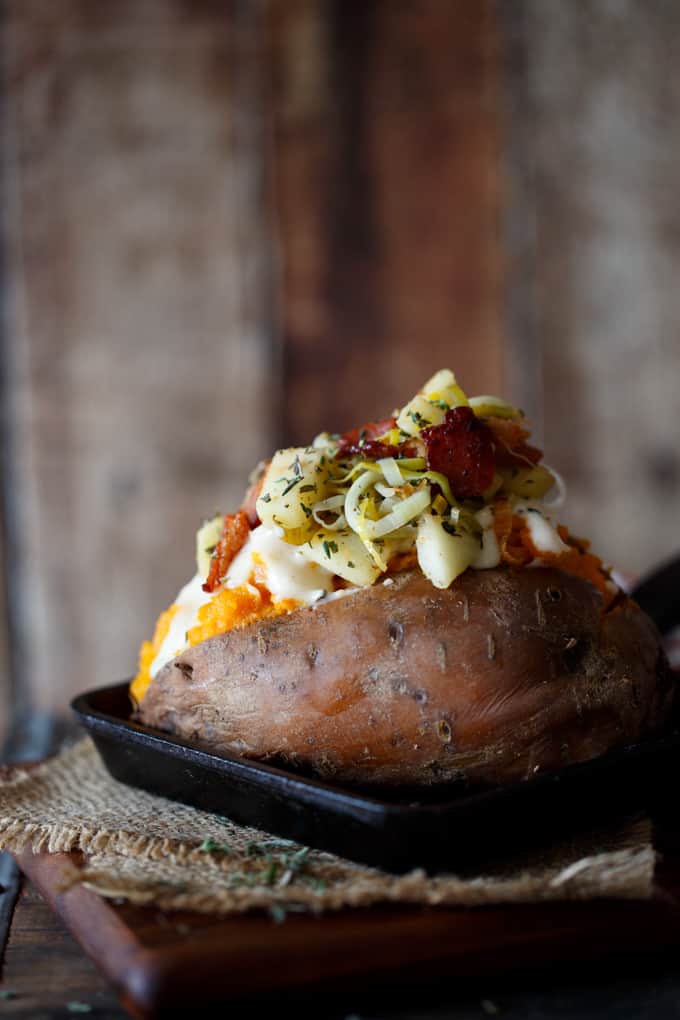 Slow Cooker Apple, Bacon, and Leek Stuffed Sweet Potatoes