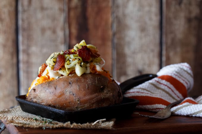 Slow Cooker Apple, Bacon, and Leek Stuffed Sweet Potatoes