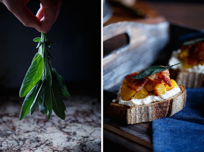 Acorn Squash Crostini with Ricotta, Bacon, and Sage | sharedappetite.com