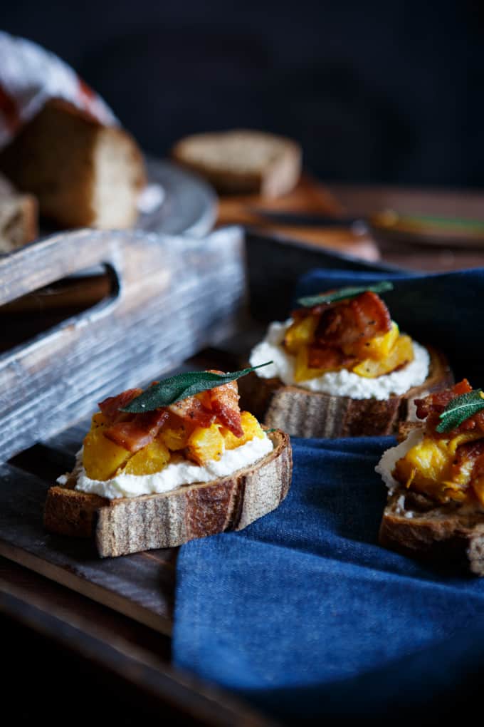 Acorn Squash Crostini with Ricotta, Bacon, and Sage | sharedappetite.com