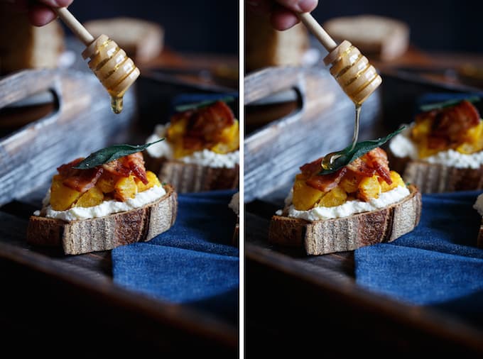 Acorn Squash Crostini with Ricotta, Bacon, and Sage | sharedappetite.com