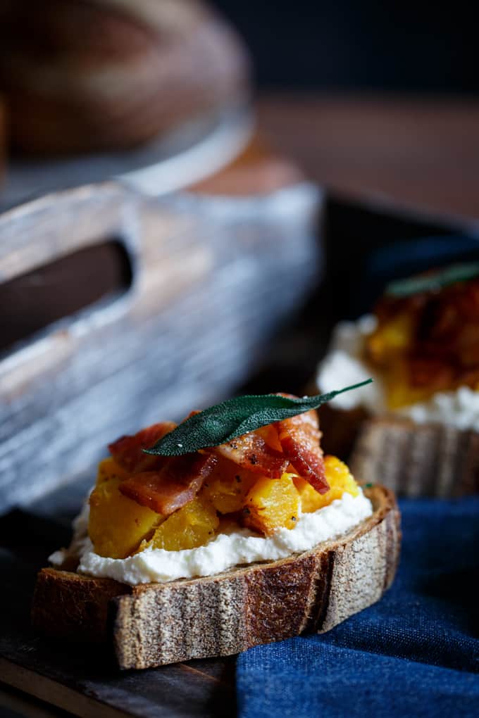 Acorn Squash Crostini with Ricotta, Bacon, and Sage | sharedappetite.com