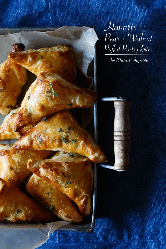 Havarti, Pear, and Walnut Puffed Pastry Bites | sharedappetite.com