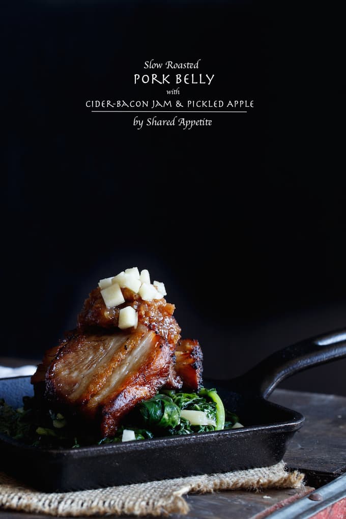 Slow Roasted Pork Belly with Cider-Bacon Jam and Pickled Apples | sharedappetite.com