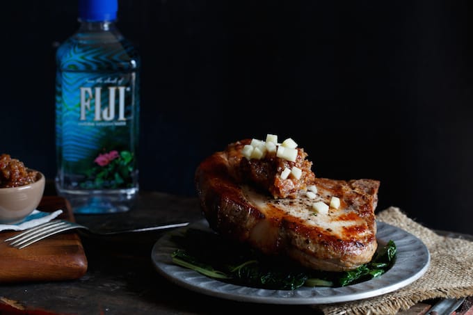 Sous Vide Pork Chop with Cider-Bacon Jam and Pickled Apples | sharedappetite.com