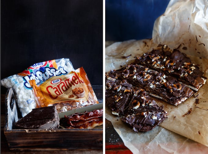 Chocolate, Marshmallow, Caramel, and Candied Bacon Bark | sharedappetite.com