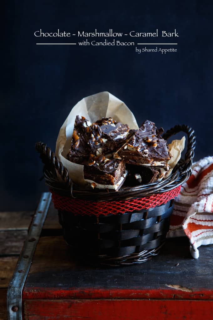 Chocolate, Marshmallow, Caramel, and Candied Bacon Bark | sharedappetite.com