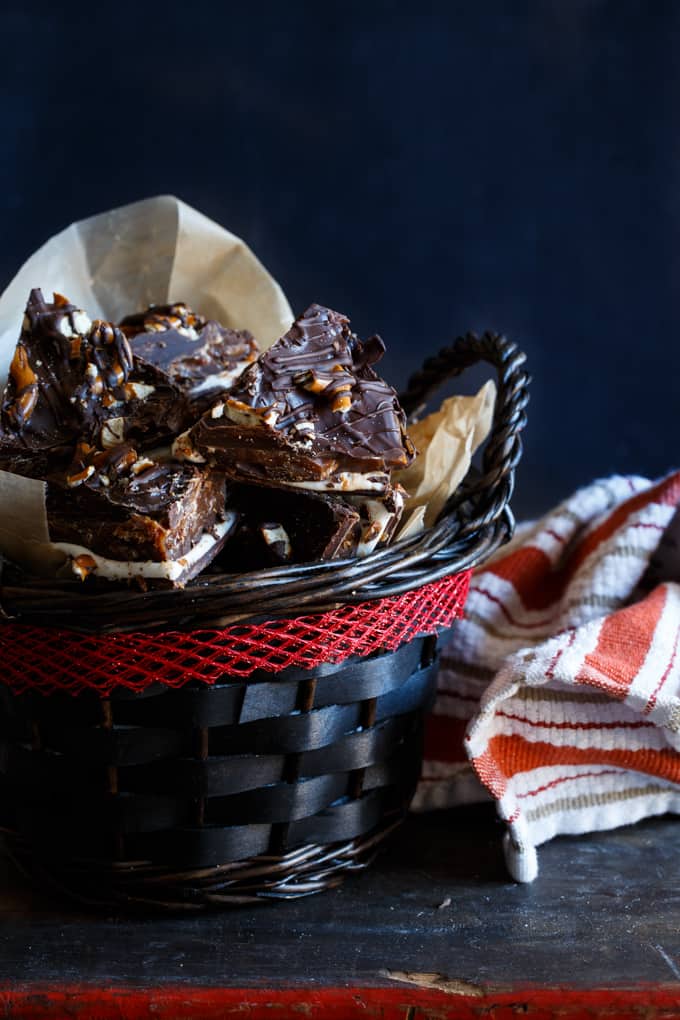 Chocolate, Marshmallow, Caramel, and Candied Bacon Bark