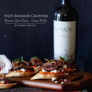 Filet Mignon Crostini with Romesco, Goat Cheese, and Crispy Shallot | sharedappetite.com