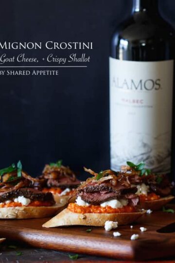 Filet Mignon Crostini with Romesco, Goat Cheese, and Crispy Shallot | sharedappetite.com