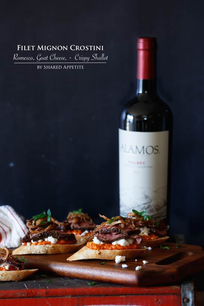 Filet Mignon Crostini with Romesco, Goat Cheese, and Crispy Shallot | sharedappetite.com