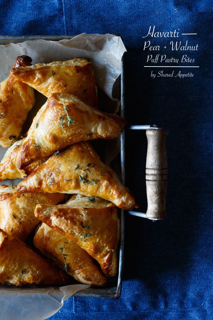 Havarti, Pear, and Walnut Puffed Pastry Bites | sharedappetite.com