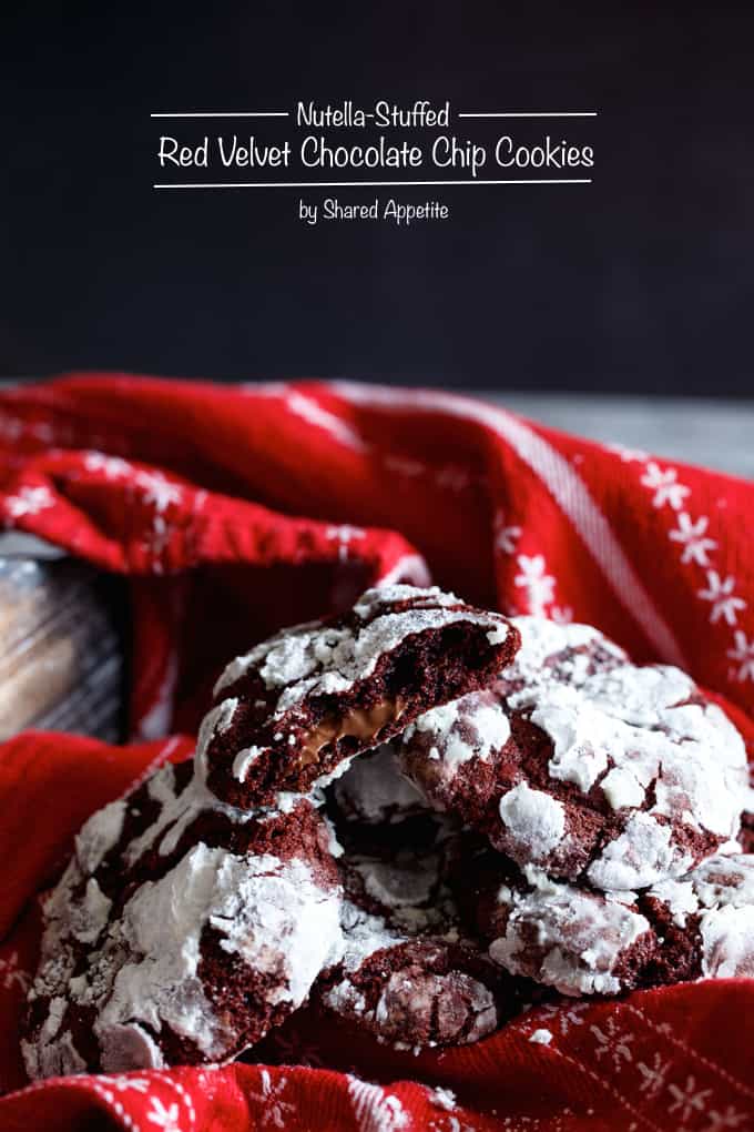 Nutella- Stuffed Red Velvet Chocolate Chip Cookies | sharedappetite.com