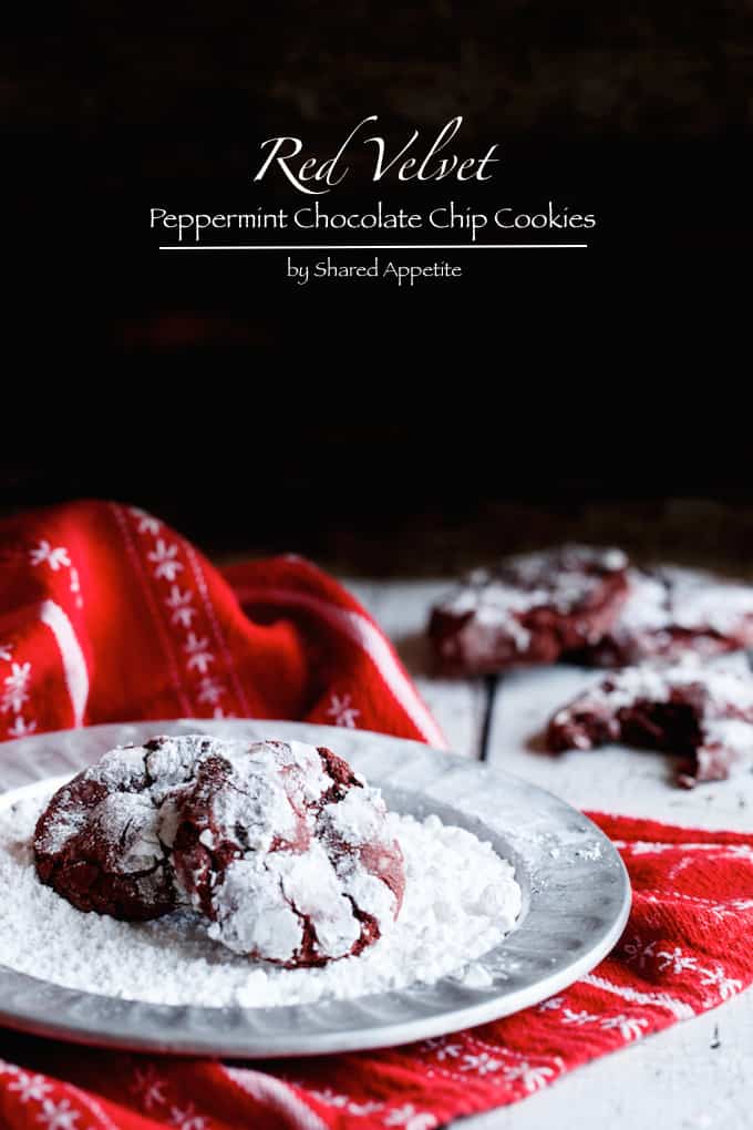 Red Velvet Peppermint Chocolate Chip Cookies | sharedappetite.com