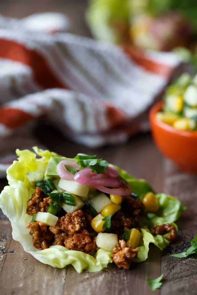 Cinammon Chili Pork Lettuce Wraps with Apple Corn Salsa, Avocado, and Pickled Onions | sharedappetite.com