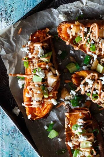 Korean Pork + Kimchi Sweet Potato Skins | sharedappetite.com