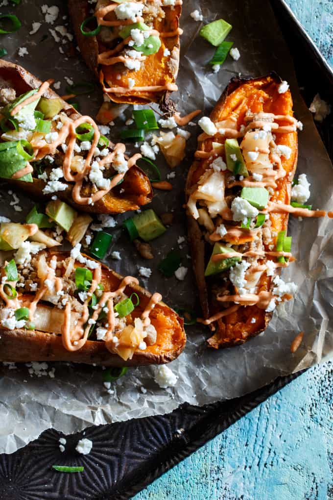 Korean Pork + Kimchi Sweet Potato Skins | sharedappetite.com