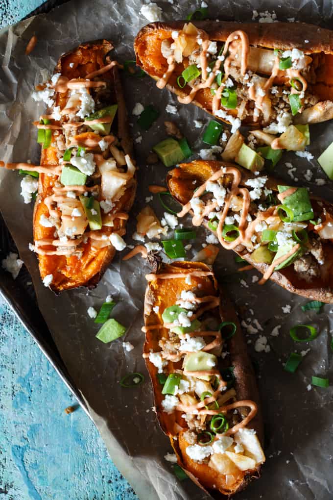 Korean Pork + Kimchi Sweet Potato Skins | sharedappetite.com