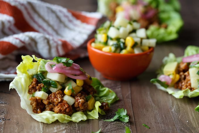 Cinammon Chili Pork Lettuce Wraps with Apple Corn Salsa, Avocado, and Pickled Onions | sharedappetite.com