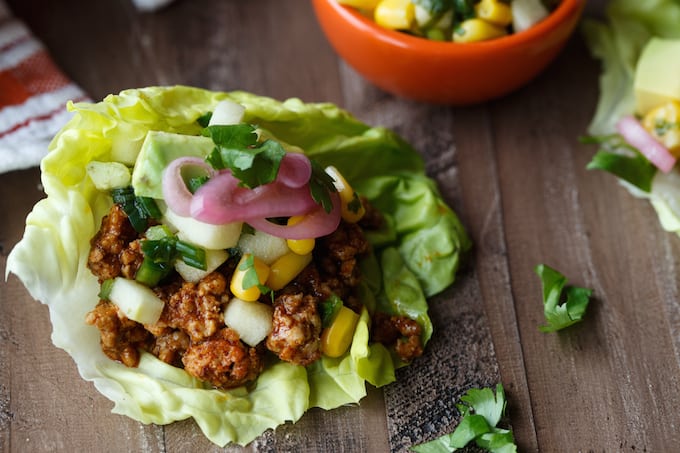 Cinammon Chili Pork Lettuce Wraps with Apple Corn Salsa, Avocado, and Pickled Onions | sharedappetite.com